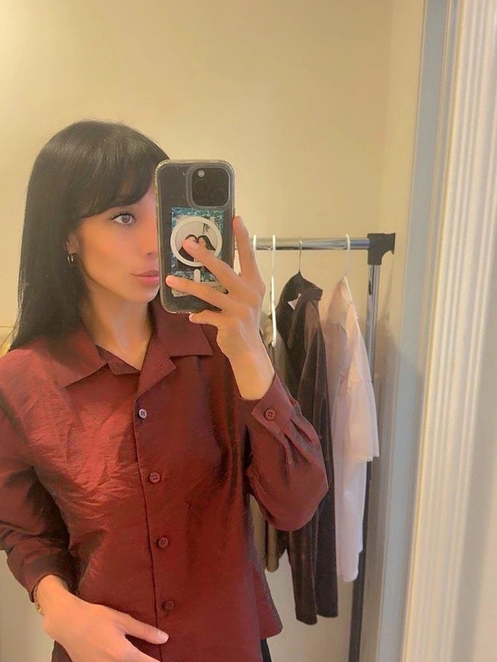 Petite Sophisticate Long Sleeve Button Front Blouse in Red & Purple Size Small